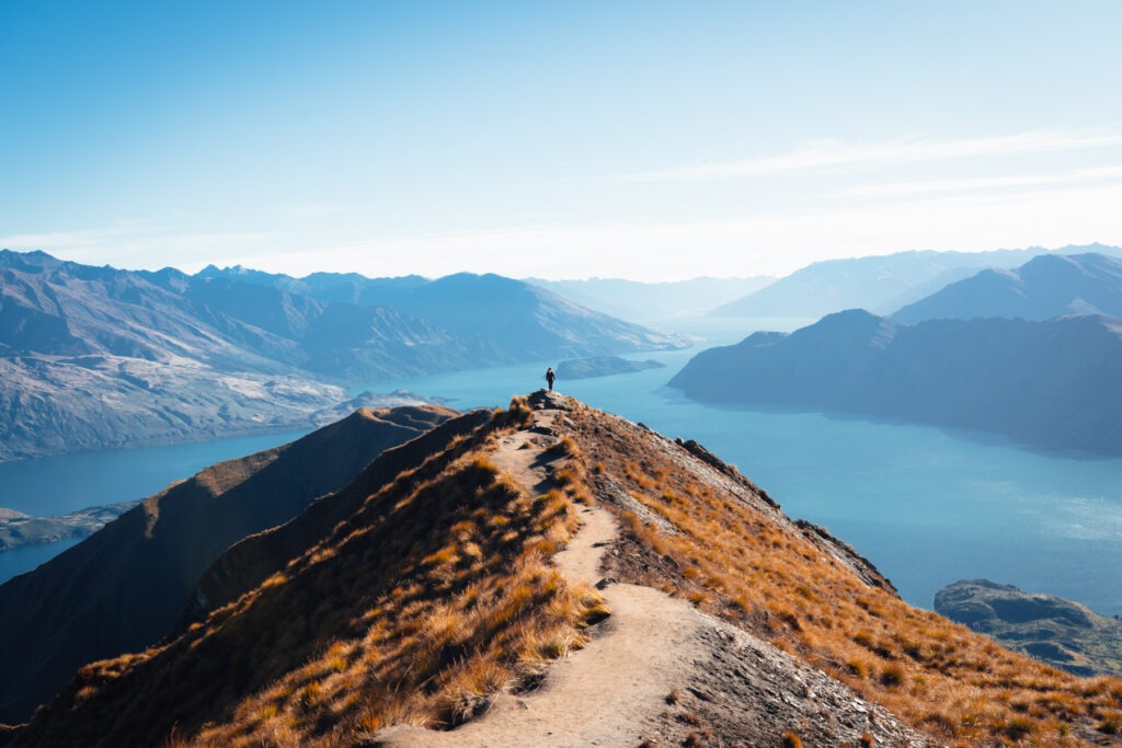 Mensch steht auf dem Roys Peak- Top Fotospot in Neuseeland _ Reisefotografie-76