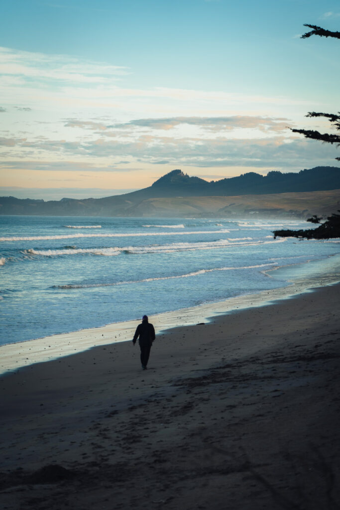 Person spatziert am Strand in den catlins Neuseeland - Fotospopt in Neuseeland fotografiert von Stefan Sperl